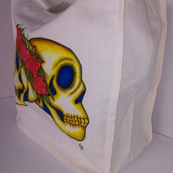 Hand-Painted Skull Tote Bag: Floral Rose Skulls, Reusable Canvas - Picture 4 of 16